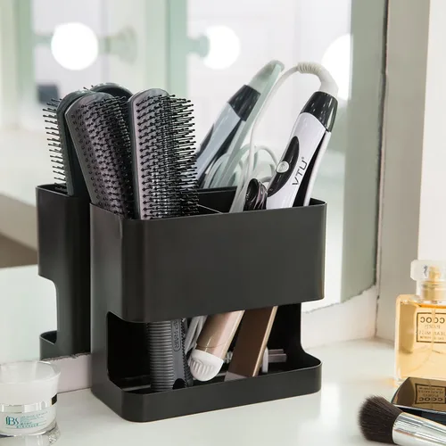 Vista 3 de Organizador de herramientas para el cabello MyGift con 2 ranuras, soporte negro de metal para rizador de pelo, organizador de accesorios de salón