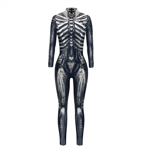 Vista 6 de Disfraz de esqueleto de calavera para mujer, overol de una pieza para Halloween 3D printed skull skeleton robot costume, Back zipper closure
