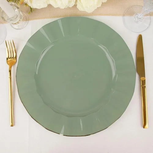 Vista 148 de Tableclothsfactory Paquete de 10 platos redondos de plástico negro de 6 pulgadas para ensalada de postre, platos desechables con borde ondulado