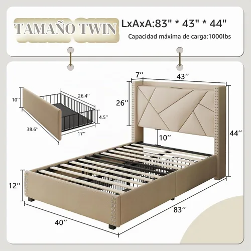 Vista 2 de iPormis Base de cama individual con 4 cajones de almacenamiento, cabecera tapizada con estación de carga, soporte de listones de madera maciza