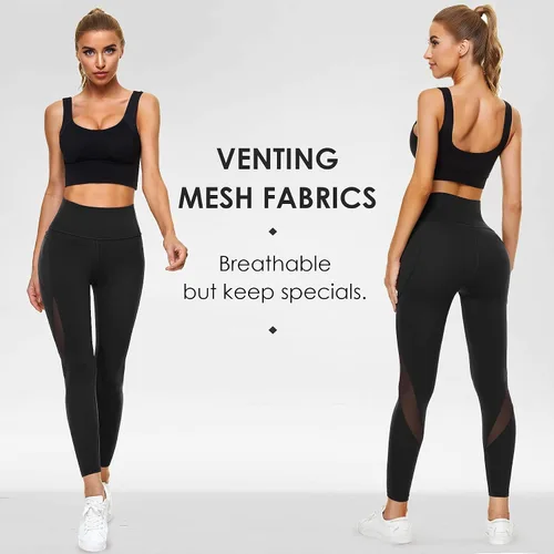 Vista 2 de TrainingGirl Leggings de malla para mujer, pantalones de yoga de cintura alta, leggings estampados, mallas deportivas con bolsillos