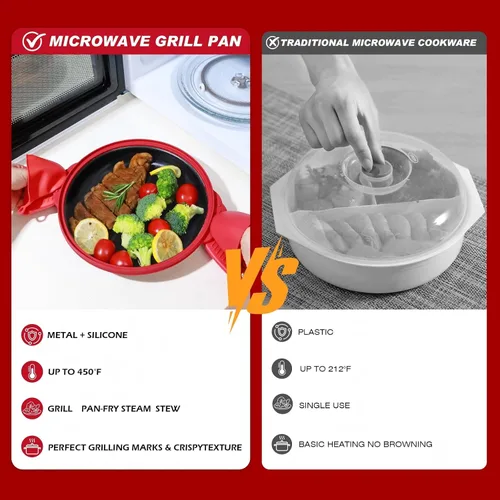 Vista 3 de Sartén parrilla para microondas con tapa de vidrio, parrillera y sartén crujiente para microondas para asar, freír, dorar y hacer crujiente