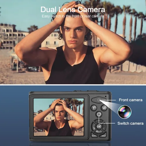 Vista 2 de DAILPIC - Cámara digital 4K 1080P de doble lente para fotografía, cámaras digitales de punto y disparo de 64 MP con tarjeta TF de 64 GB, zoom