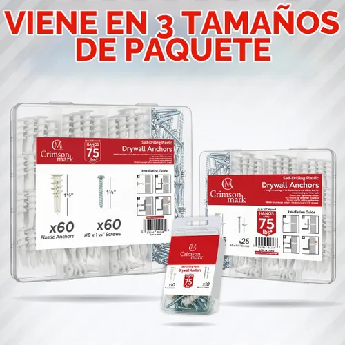 Vista 7 de CrimsonMark Juego de 20 anclajes y tornillos autoperforantes para paneles de yeso #8 x 1-1/4 pulgadas, soporta hasta 75 libras, no requiere agujeros