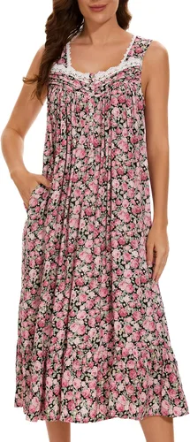Vista 10 de AVIIER Camisones de algodón para mujer, sin mangas, vestido de casa largo con bolsillos, S-XXL Flor negra
