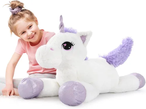 Vista 13 de Tezituor Juguetes de unicornio de peluche de 32 pulgadas, animales de unicornio gigante beige de peluche, encantadoras decoraciones de peluche