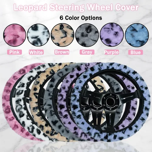 Vista 6 de Funda de volante de leopardo con llavero, protector de volante de piel elástica y mullida, guepardo, accesorios de automóvil para mujeres y niñas