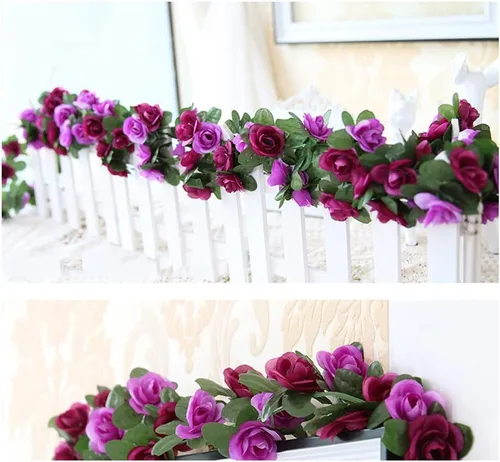 Vista 4 de Flores falsas, 10 unidades, plantas artificiales de vid de rosas colgantes, hiedra rosa para el hogar, hotel, oficina, boda, fiesta, jardín