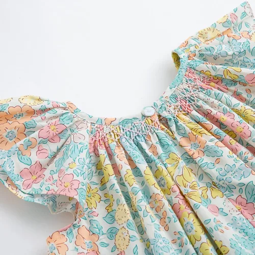 Vista 5 de Simplee kids Vestido casual para niñas pequeñas, vestido fruncido con estampado floral para primavera y verano de 1 a 6 años