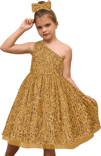Vista 4 de GRACE KARIN Vestido de lentejuelas para niñas, vestido de fiesta brillante de un hombro con lazo para el cabello