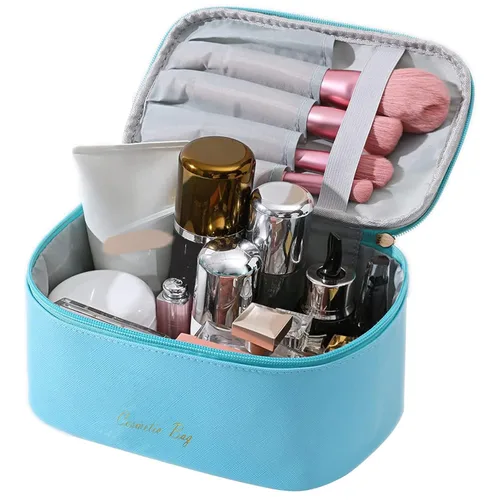 Vista 4 de Bolsa de maquillaje pequeña para mujeres, con cremallera, organizador, impermeable, bonita (azul claro)