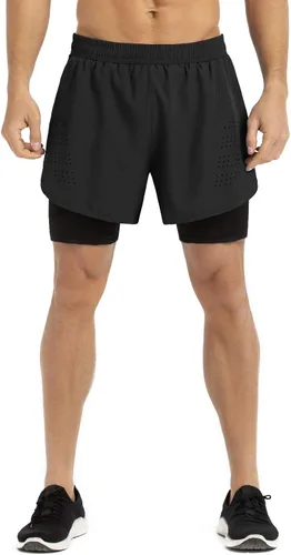 Vista 2 de Gesean Pantalones cortos de entrenamiento 2 en 1 para hombre, 5 pulgadas, ligeros, para gimnasio, entrenamiento, deporte, con bolsillos para teléfono