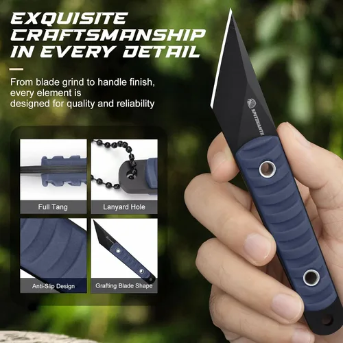Vista 4 de Cuchillo de cuello compacto de 14.7 cm, pequeño cuchillo de hoja fija EDC Kiridashi con empuñadura de ABS azul, acero 5Cr14MoV, ideal para camping