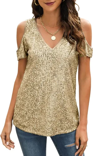 Vista 3 de Tops de lentejuelas Camisa brillante para mujer Top de fiesta, camisas brillantes con purpurina y hombros descubiertos, blusas con cuello en V