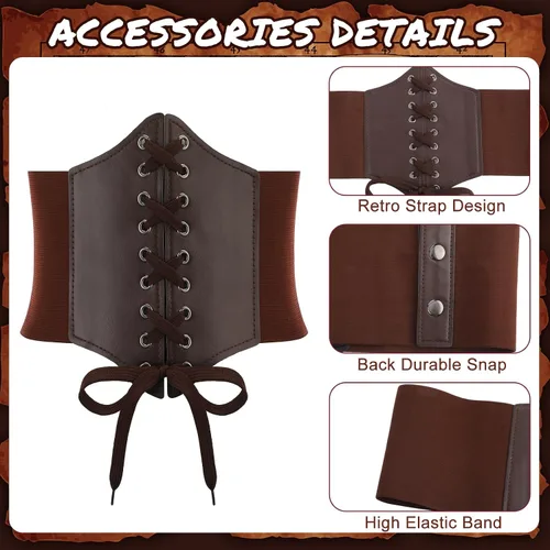 Vista 4 de Suhine Disfraz de pirata renacentista para mujer, traje victoriano medieval de 3 piezas, falda alta y baja, blusa con corsé vikingo