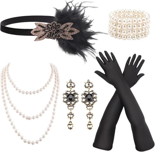 Vista 15 de DRESHOW Juego de accesorios del Gran Gatsby de los años 20 para mujer, accesorios de disfraz de flapper, diadema de plumas, juego de accesorios de 1
