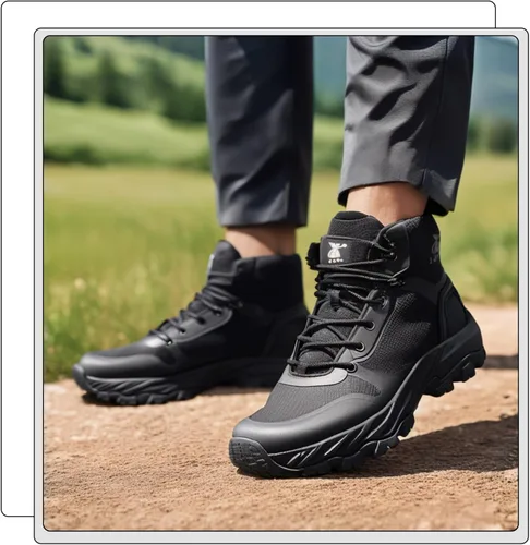 Vista 2 de Botas militares tácticas ligeras para hombre, cómodas, transpirables, duraderas, con cremallera lateral YKK, antideslizantes, botas de combate