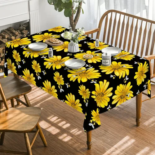 Vista 2 de Horaldaily Mantel de verano de 52 x 70 pulgadas, diseño de girasol amarillo, abejorro, negro, otoño, lavable, para fiesta, picnic, decoración de cena