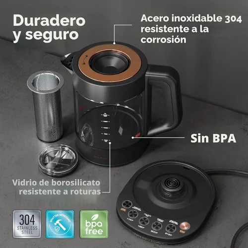 Vista 6 de Vianté - Tetera eléctrica con infusor para hojas sueltas. Elaborador de té caliente con control de temperatura y apagado automático. Tetera