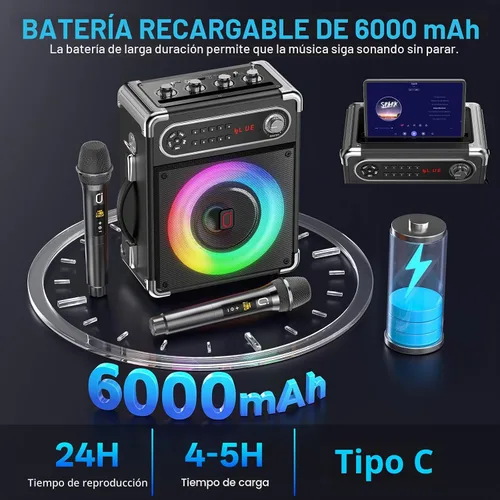 Vista 3 de JYX - Máquina de karaoke con dos micrófonos inalámbricos, altavoz Bluetooth portátil con ajuste de graves/agudos, sistema de PA con control remoto
