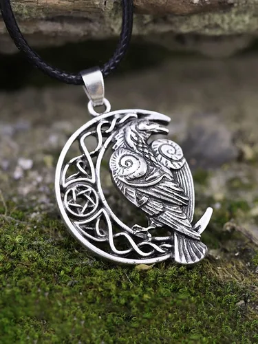 Vista 5 de HAQUIL Raven Collar Dije de cuervo celta vikingo Wicca Cordón de piel sintética, aleación, 2