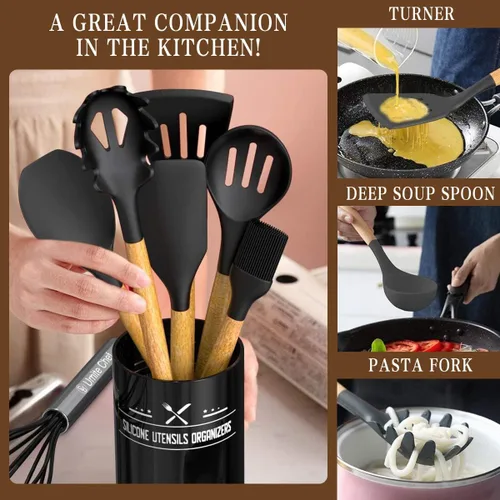 Vista 9 de Umite Chef Juego de utensilios de cocina, 33 piezas de espátulas de cocina de silicona antiadherentes con soporte, mango de madera juego de Negro
