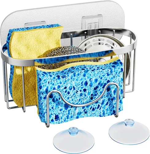 Vista 18 de HapiRm Organizador de esponja multifuncional con forma única en M, 2 métodos de instalación, organizador de fregadero de cocina, organizador