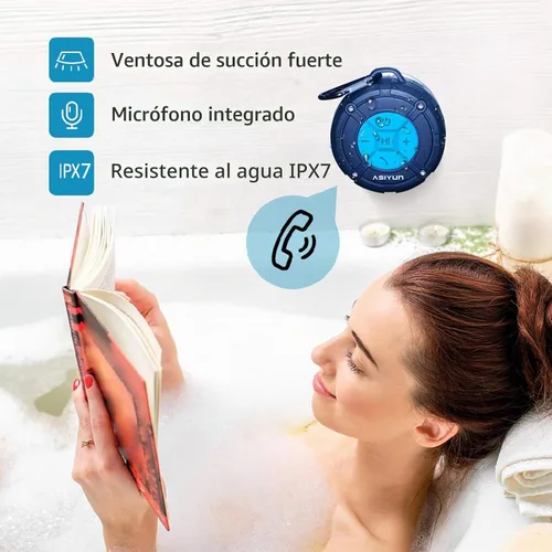 Vista 6 de Bocina para regadera con Bluetooth de ASIYUN, portátiles, a prueba de agua con sonido IPX7 HD, Ventosa, bocina con micrófono incorporado, Manos