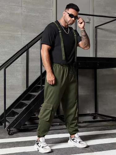 Vista 5 de WDIRARA Pantalones cargo con cordón elástico en la cintura con detalle de correa y bolsillo con solapa para hombre