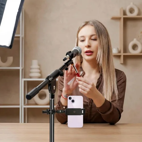Vista 6 de Soporte de teléfono para soporte de micrófono, soporte de música ajustable para teléfonos móviles, soporte de micrófono giratorio compatible