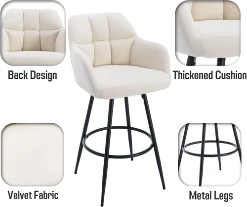 Vista 4 de ROCITY Juego de 2 taburetes de bar de terciopelo con respaldo, silla de bar beige para isla de cocina, taburetes de bar modernos con patas de metal