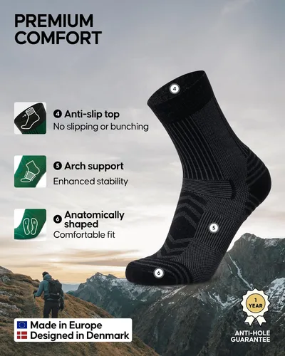 Vista 3 de DANISH ENDURANCE Calcetines de senderismo, ligeros, calcetines de lana merino para hombres y mujeres, absorben la humedad y térmicos, paquete de 3