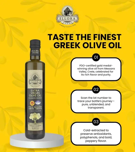Vista 7 de Ellora Farms, Aceite de Oliva Virgen Extra Griego, Single Estate DOP Messara, Grecia, sin OMG, prensado en frío, Polifenol, Botella de vidrio, 17 FL
