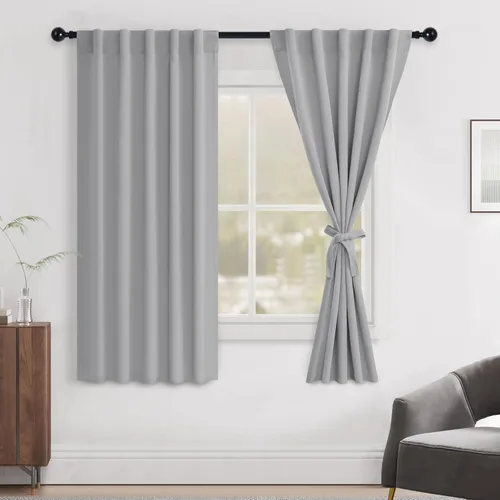Vista 108 de Hiasan Cortinas opacas negras para dormitorio, cortinas opacas cortas de 45 pulgadas de largo, con aislamiento térmico, bolsillo para barra