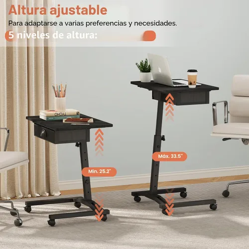 Vista 5 de Escritorio de computadora de altura ajustable con cajones, pequeño carrito de escritorio móvil para laptop con ruedas para espacios pequeños