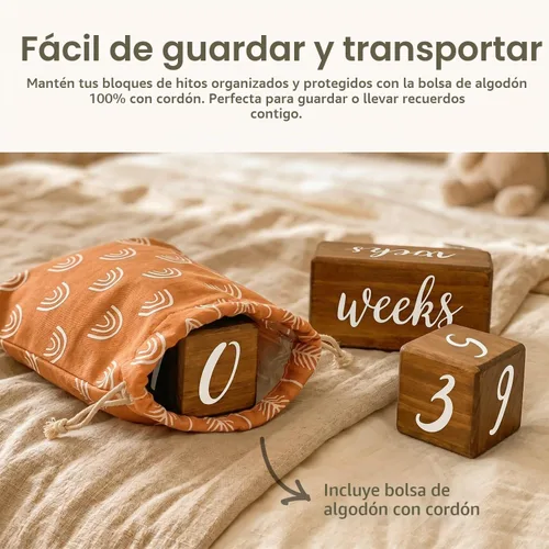 Vista 6 de Pondering Pine Bloques de hitos para bebé, madera de pino natural con semanas, meses y años, juego de bloques de edad con bolsa bohemia de arcoíris