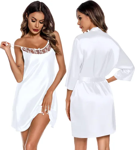 Vista 3 de SWOMOG Conjunto de batas de satén para mujer, conjunto de pijama de seda de 2 piezas, camisón de encaje con batas, ropa de dormir, kimonos de boda
