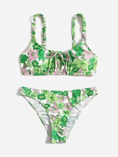 Vista 5 de Cozyease Traje de baño floral de 2 piezas para mujer con nudo frontal inalámbrico lindo conjunto de bikini