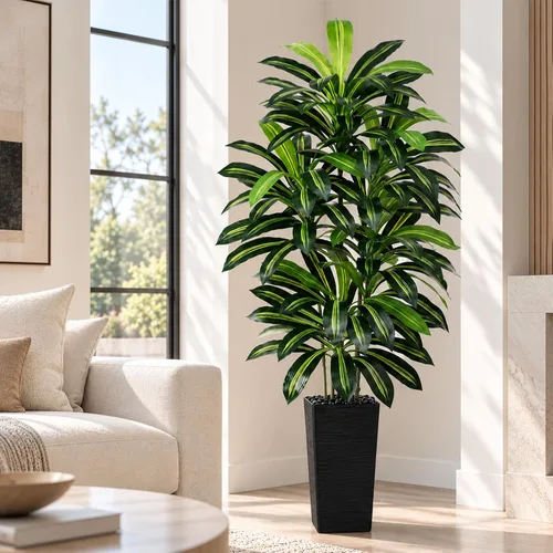 Vista 24 de Árbol de Dracaena artificial rojo de 6 pies, plantas falsas altas Hoja blanco-roja