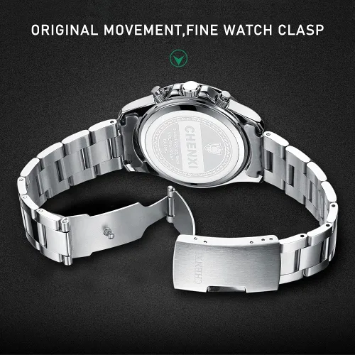 Vista 6 de Dentily Reloj de cuarzo para hombre, cronógrafo, de acero inoxidable, impermeable, para negocios, para hombre
