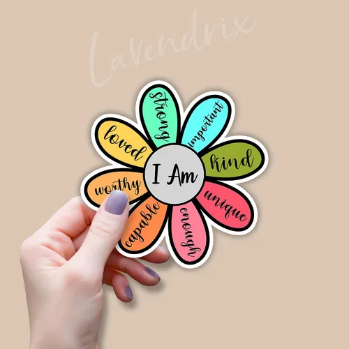 Vista 2 de Calcomanías de vinilo con texto en inglés "I Am Strong Kind Worthy Enough Loved Flower", citas inspiradoras, versículo bíblico, calcomanías