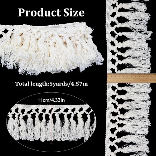 Vista 2 de Yalulu Borlas de flecos de algodón con borlas, 5 yardas, ribete de flecos de 4.7 pulgadas de ancho, para ropa, funda de edredón, cortina, almohada