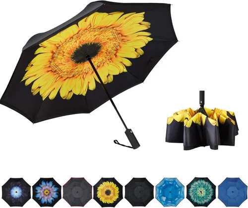 Vista 13 de Paraguas invertido de doble capa, plegado automático, reversible, resistente al viento y a los rayos UV, para lluvia, coche, viaje, al aire libre