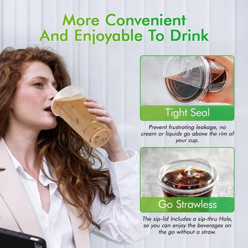 Vista 4 de Lilymicky Paquete de 60 Vasos de Plástico Transparente de 24 oz con Tapas para Sorber Sin Pajita, Desechables, para Café Helado, Batido, Granizado