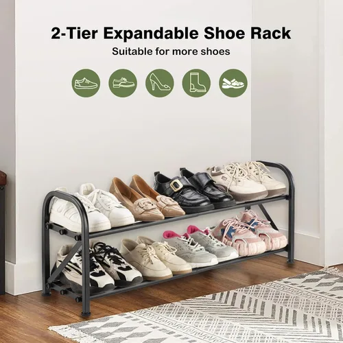 Vista 3 de Zapatero de 2 niveles para armario, zapatero expandible de 16 a 33 pulgadas, ajustable para entrada, armario, puerta, metal resistente, color negro