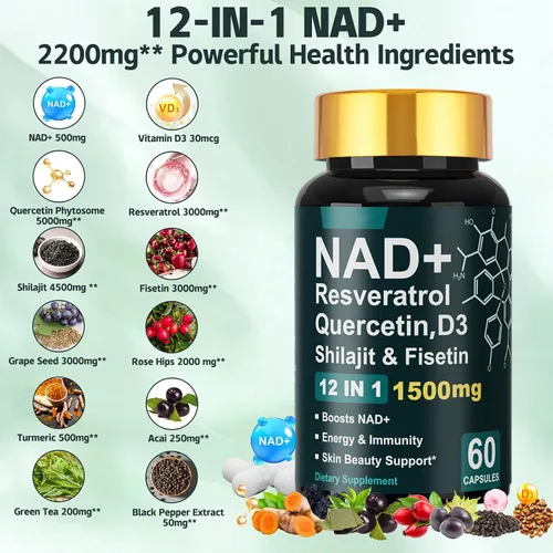 Vista 2 de Dr.HR NAD+ Resveratrol Vitamina D3 Quercetina y Fisetina, Suplementos NAD antienvejecimiento 1500mg para mujeres y hombres Apoya la energía