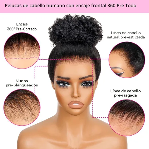 Vista 6 de Pelucas de cabello humano con encaje frontal 360 con correa oculta, ajuste ceñido, ondas de agua, sin pegamento, prepunteadas, precortadas con nudos
