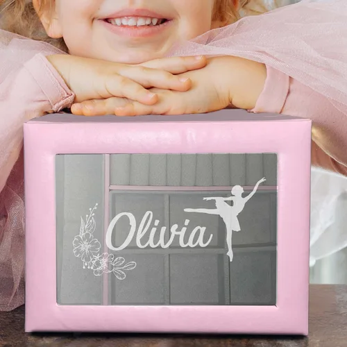 Vista 2 de My Personal Memories Joyero personalizado para niñas, grabado personalizado con nombre y bailarina, sirena, unicornio y más (rosa)