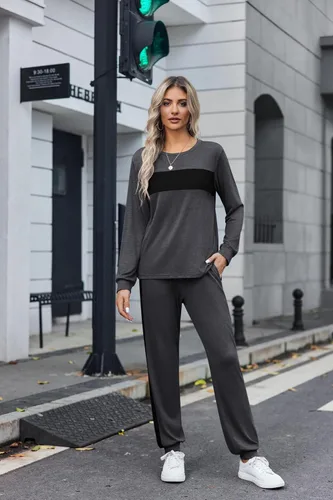 Vista 3 de HOTOUCH Conjunto de dos piezas para mujer, de manga larga, cuello redondo, sin botones y pantalones largos, sudadera de moda 2023