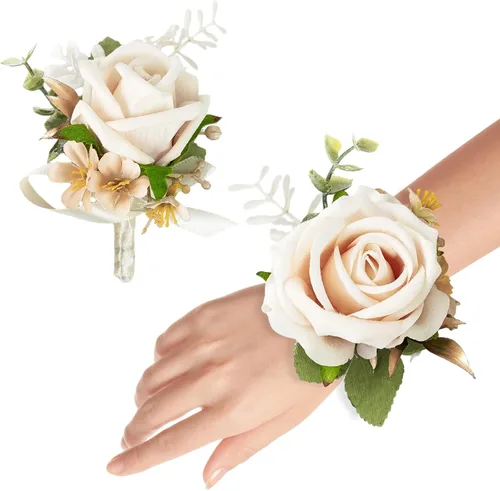 Vista 11 de Juego de ramillete y boutonniere para novio, novia, padrinos de boda, fiesta de graduación, rosas artificiales para hombres, boda, madre, abuela